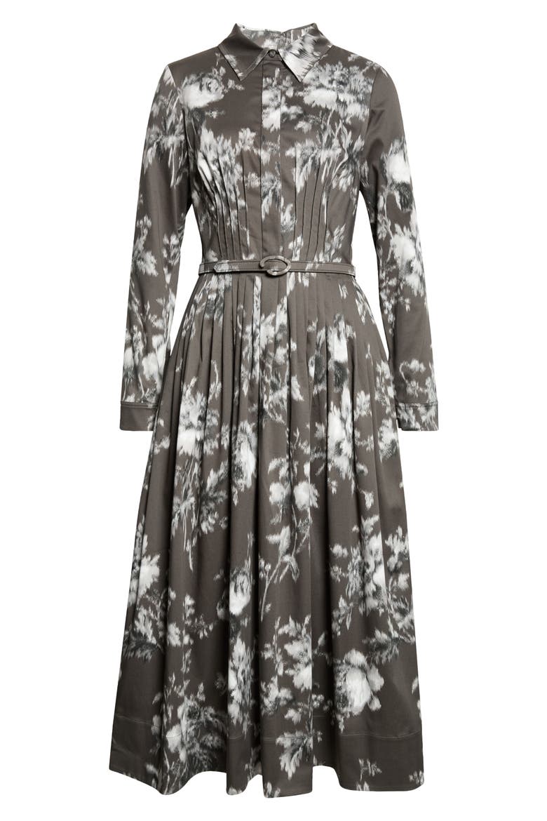Peony Print Long Sleeve Stretch Cotton Shirtdress, Main, color, WHITE/ CARBON