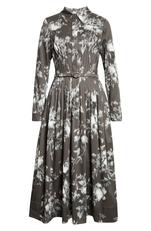 Peony Print Long Sleeve Stretch Cotton Shirtdress