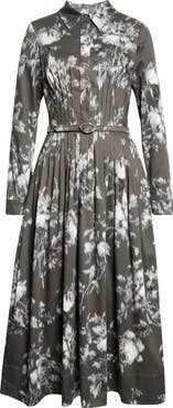 Oscar de la Renta Peony Print Long Sleeve Stretch Cotton Shirtdress