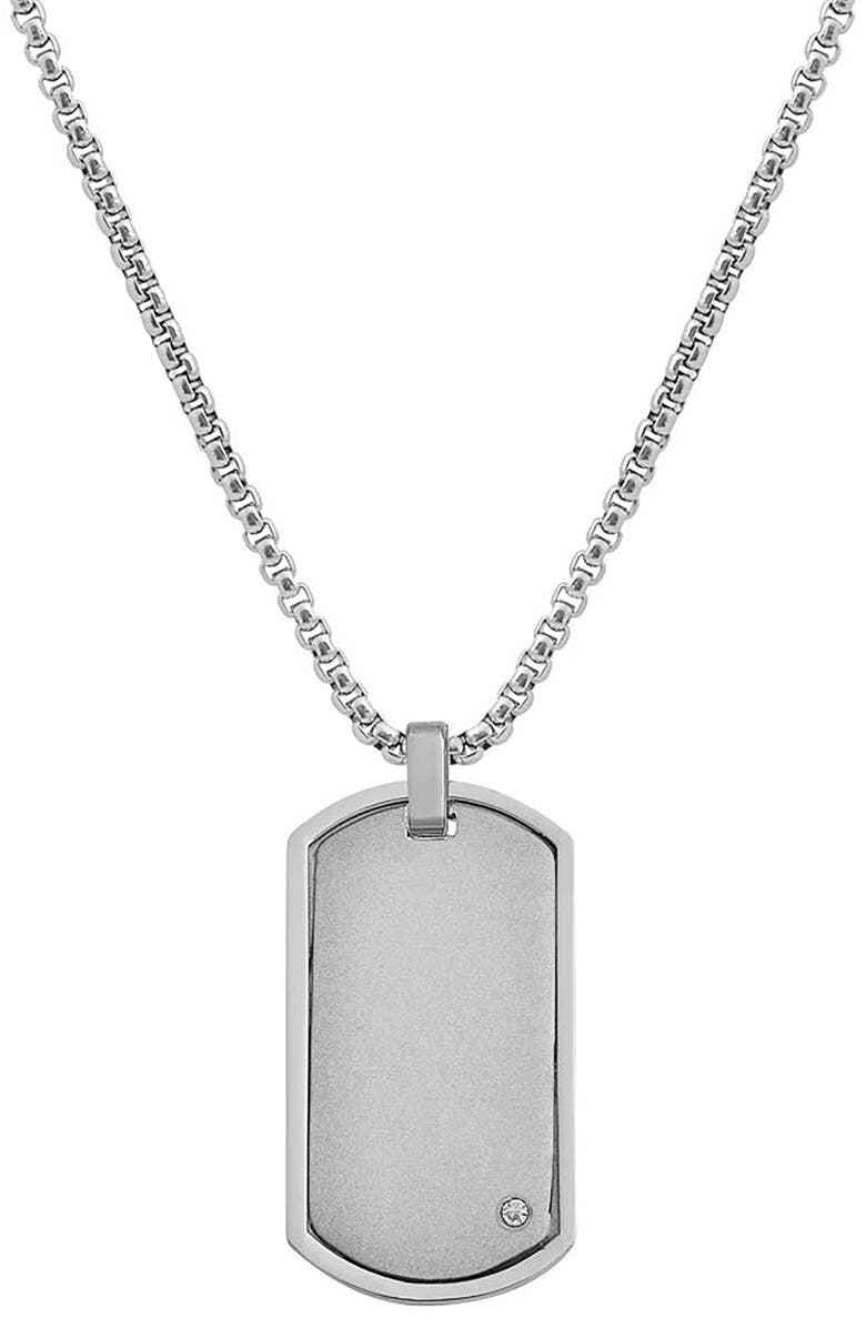 GEOFFREY BEENE Men's Stainless Steel Cubic Zirconia Dog Tag Pendant Necklace, Main, color, Silver