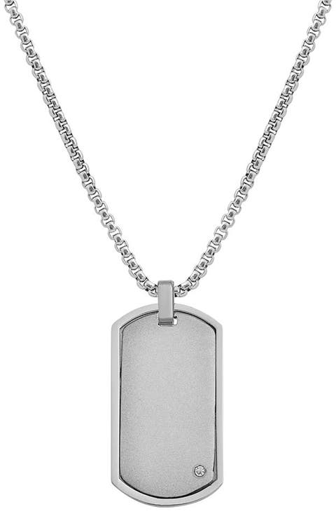 Men's Stainless Steel Cubic Zirconia Dog Tag Pendant Necklace