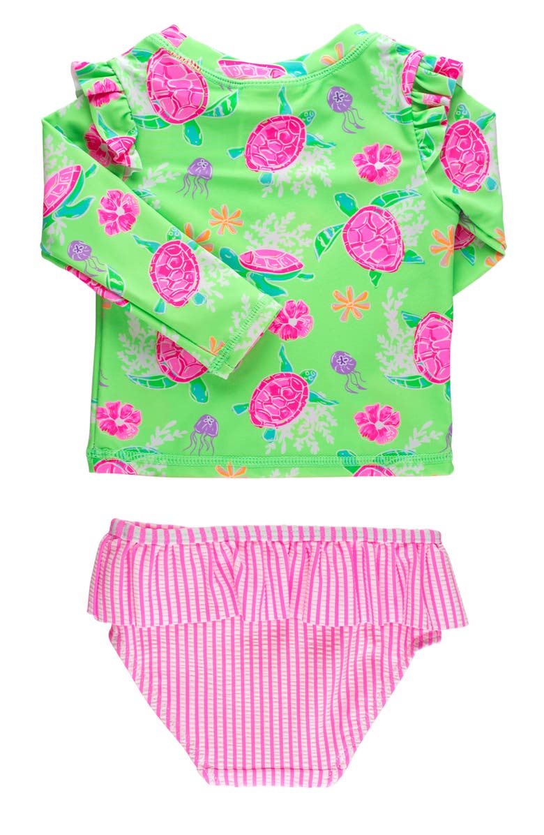 RuffleButts Kids' Long Sleeve Ruffle Hem Two-Piece Rashguard Swimsuit, Alternate, color, Green