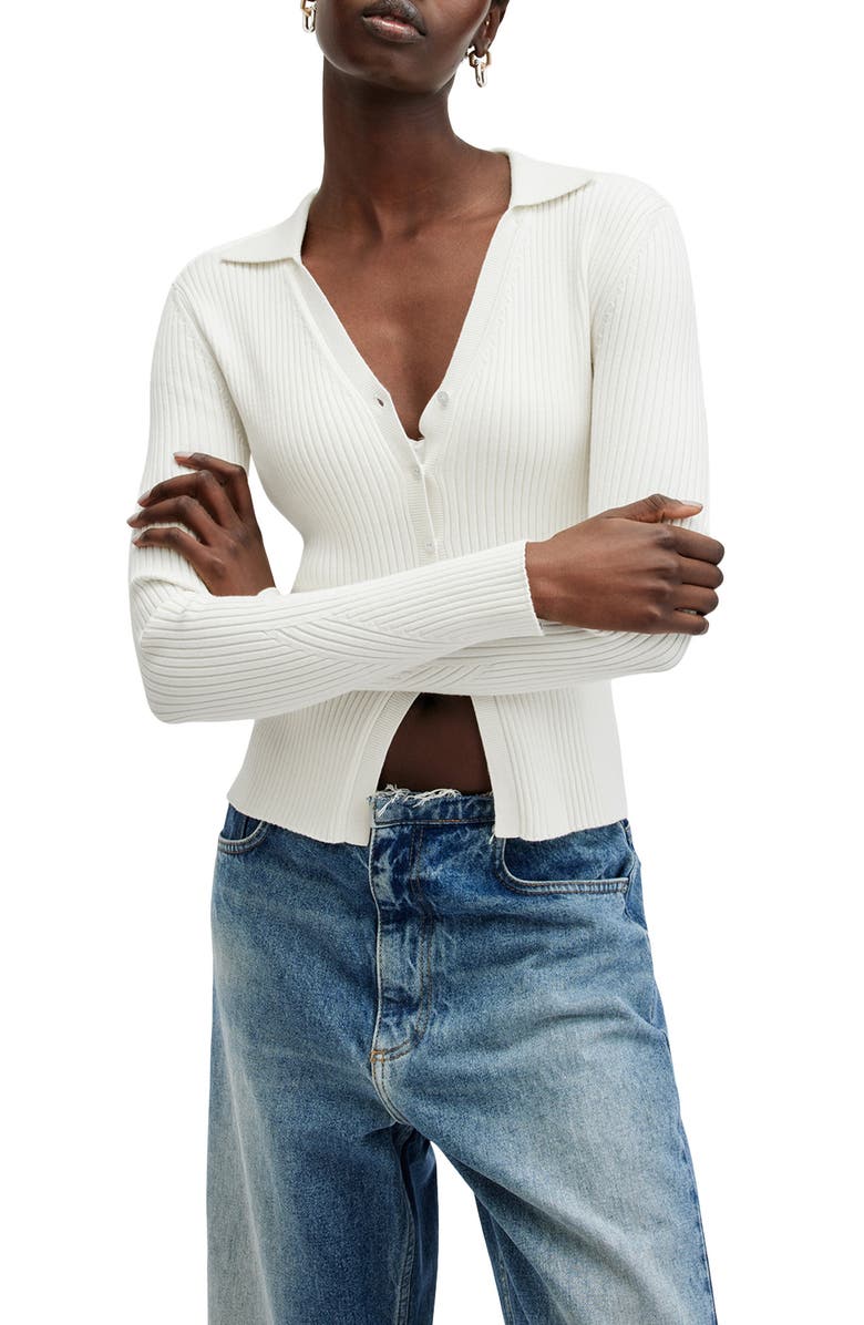 AllSaints Cruz Ribbed Cardigan, Main, color, Chalk White