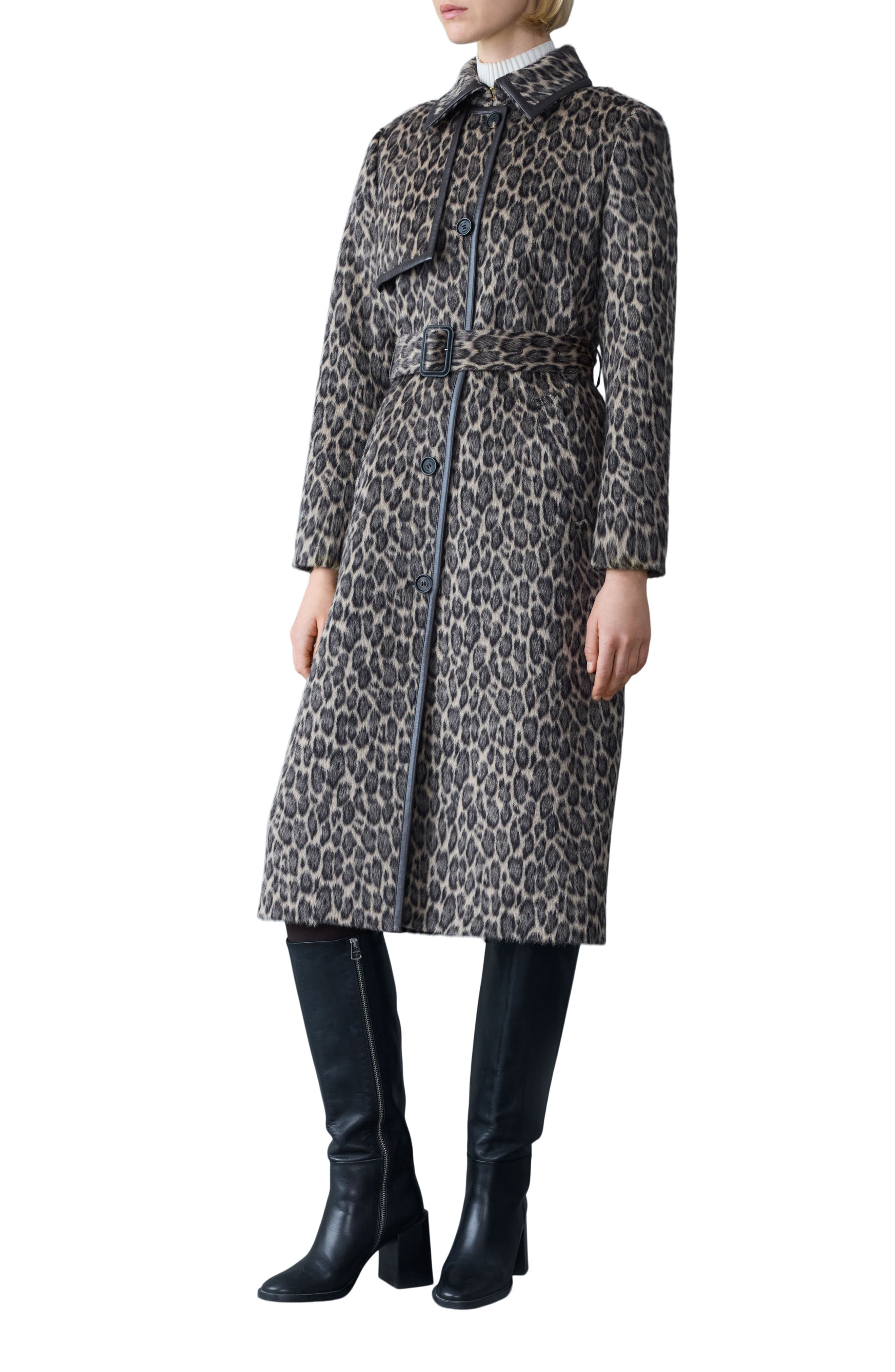 Zeva-A Leopard Pattern Wool Blend & Leather Trench Coat