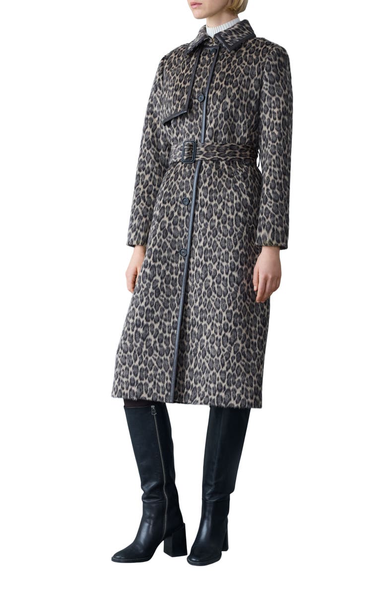Mackage Zeva-A Leopard Pattern Wool Blend & Leather Trench Coat, Main, color,