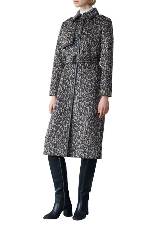 Zeva-A Leopard Pattern Wool Blend & Leather Trench Coat