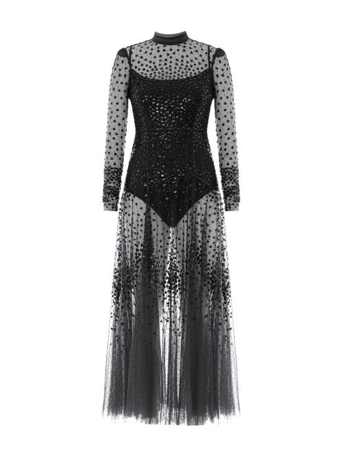 Needle & Thread Scallop Sequin Sheer Bow Ankle Gown In Black