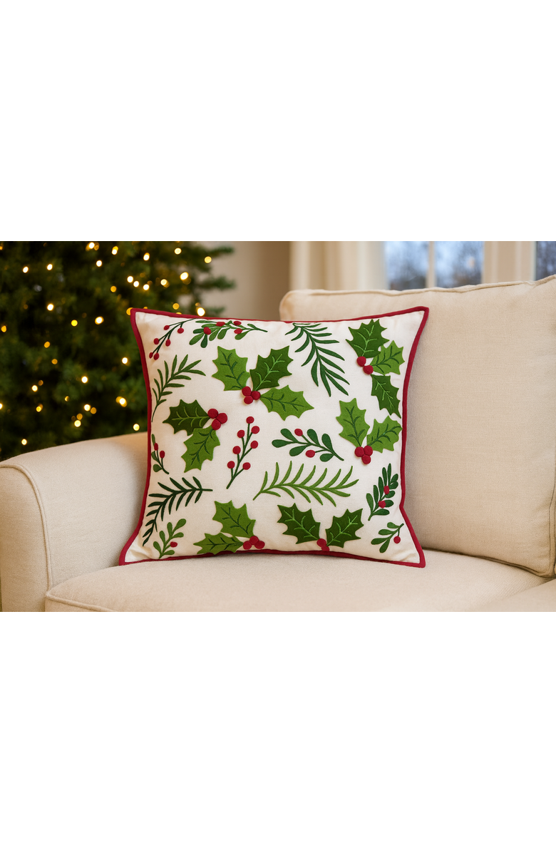 C&F Home Holly Spring Berry Cotton Blend Christmas Embellished Accent Throw Pillow 18" x 18", Alternate, color, Green