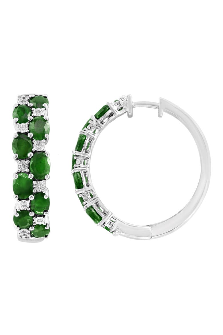 Sterling Silver Gemstone & Diamond Hoop Earrings, Main, color, GREEN