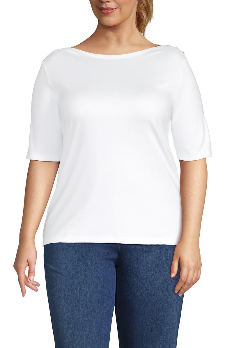 Lands' End Supima Cotton Elbow Sleeve Boatneck Button Shoulder Tee, Alternate, color, White