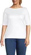 Lands' End Supima Cotton Elbow Sleeve Boatneck Button Shoulder Tee