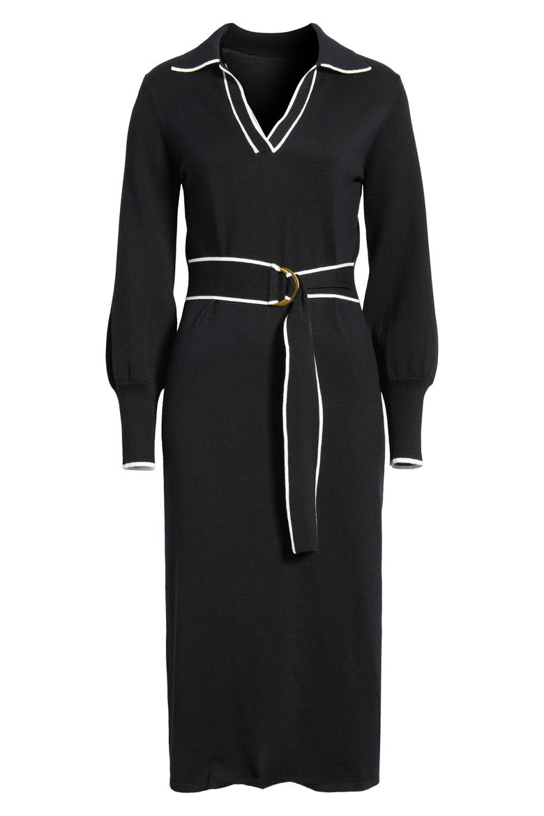 Tie Waist Long Sleeve Sweater Midi Dress, Alternate, color, BLACK IVORY