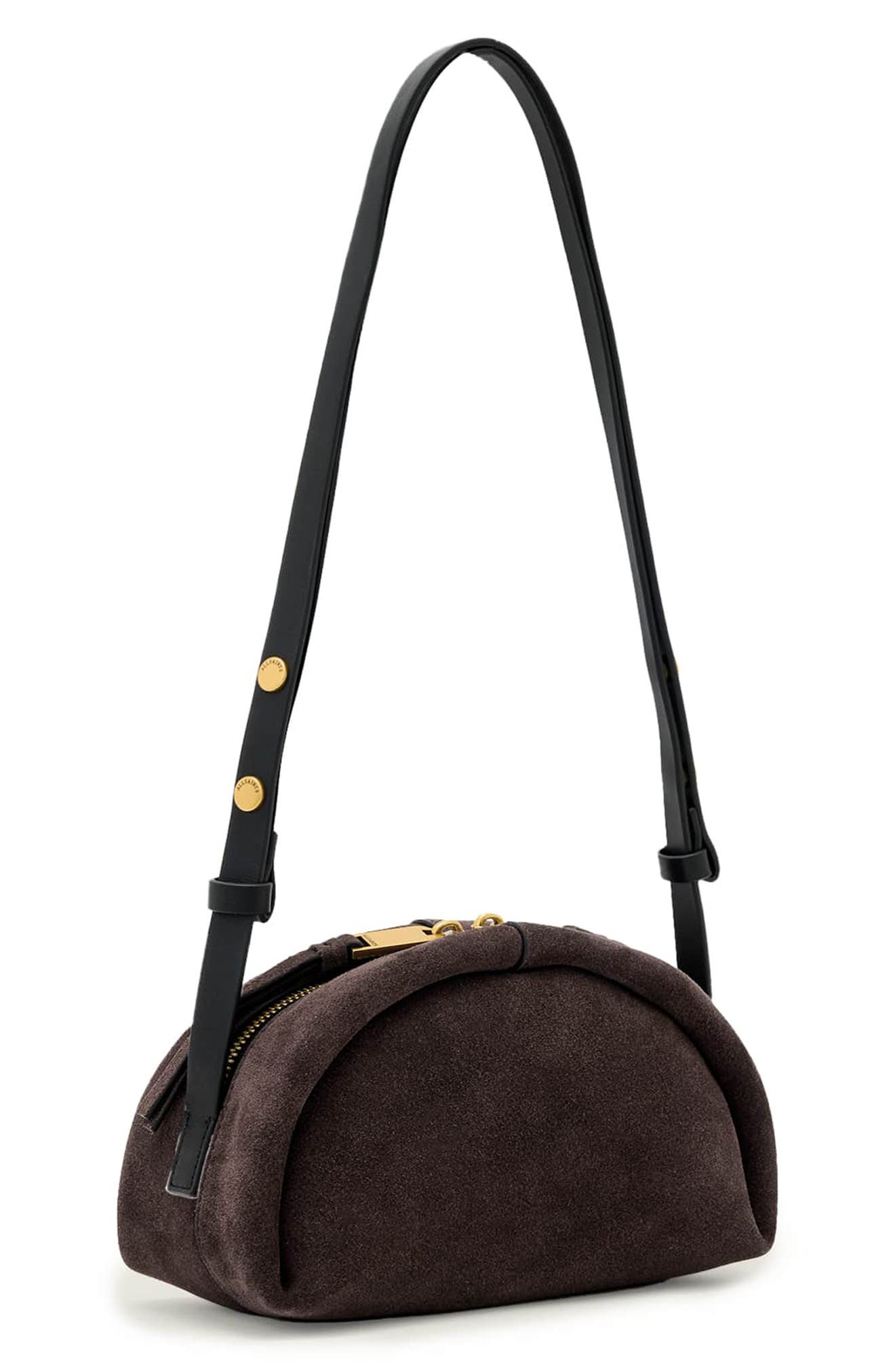 AllSaints Rosalie Arc Suede Crossbody Bag, Alternate, color, Burnt Umber Red