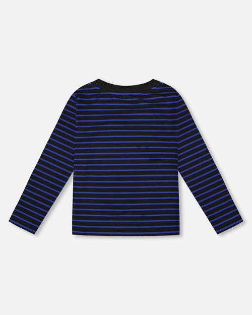 Deux Par Deux Long Sleeve Brushed Jersey Striped Tee In Blue