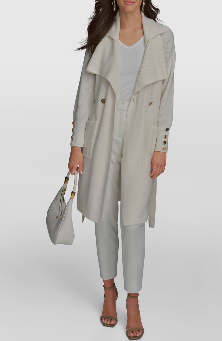 Donna Karan New York Tie Waist Double Breasted Cardigan, Alternate, color, Cream