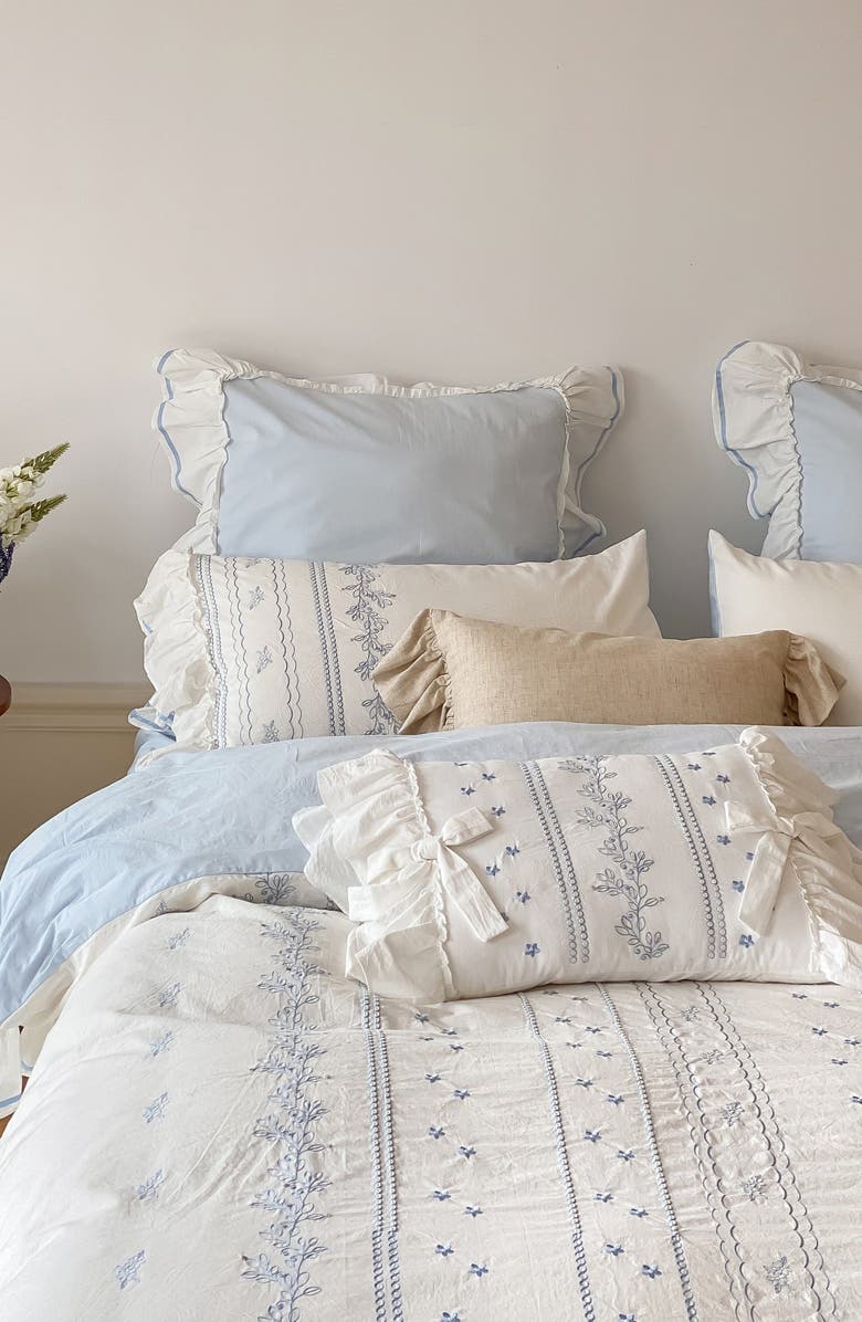 Ever Lasting Embroidered French Lace Ruffle Bedding Set, Alternate, color, Blue / Flat