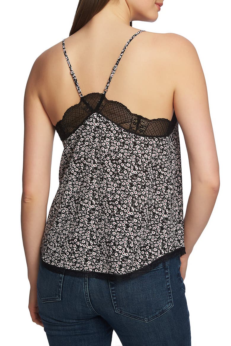 Lace Trim Racerback Cami, Alternate, color, RICH BLACK WILDFLOWER DITSY