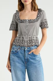 Reformation Gabbie Gingham Embroidered Woven Top