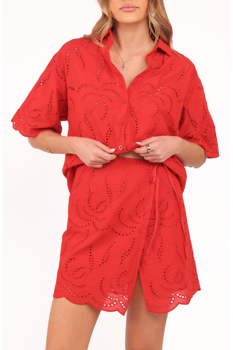 Gallie Cotton Eyelet Button-Up Shirt & Wrap Skirt Set, Alternate, color, RED