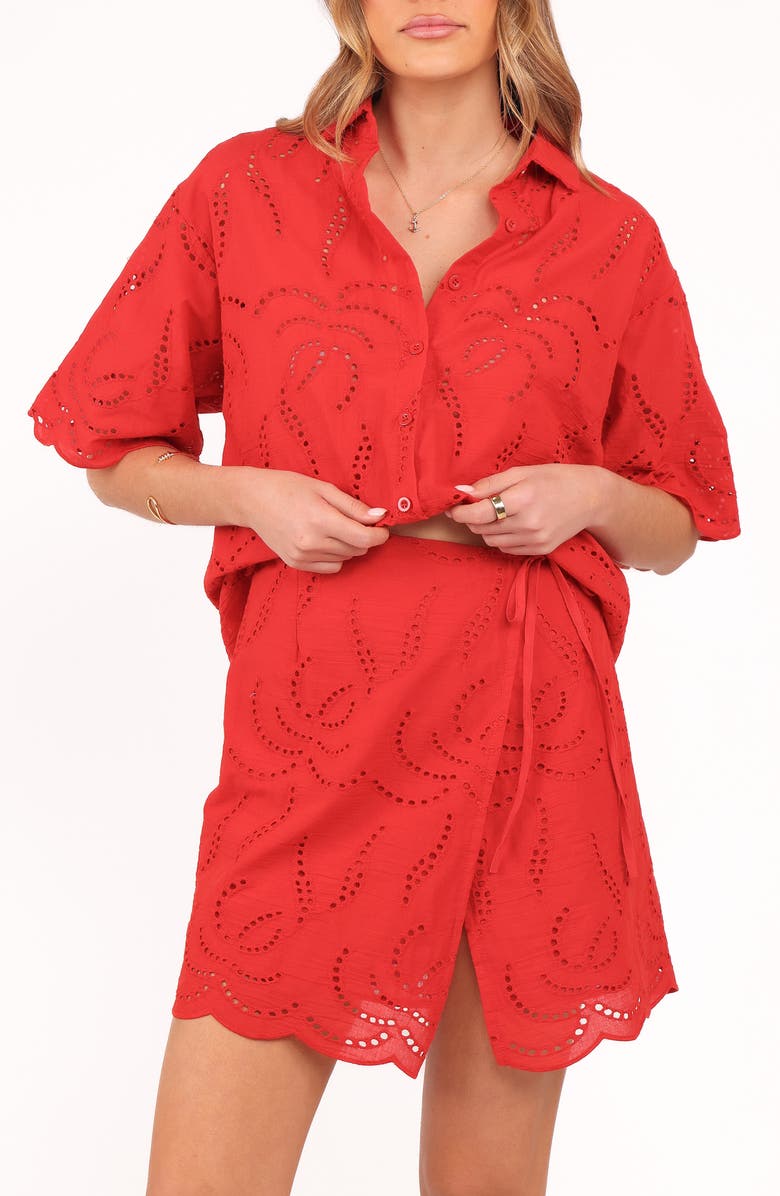 Petal & Pup Gallie Cotton Eyelet Button-Up Shirt & Wrap Skirt Set, Alternate, color, Red