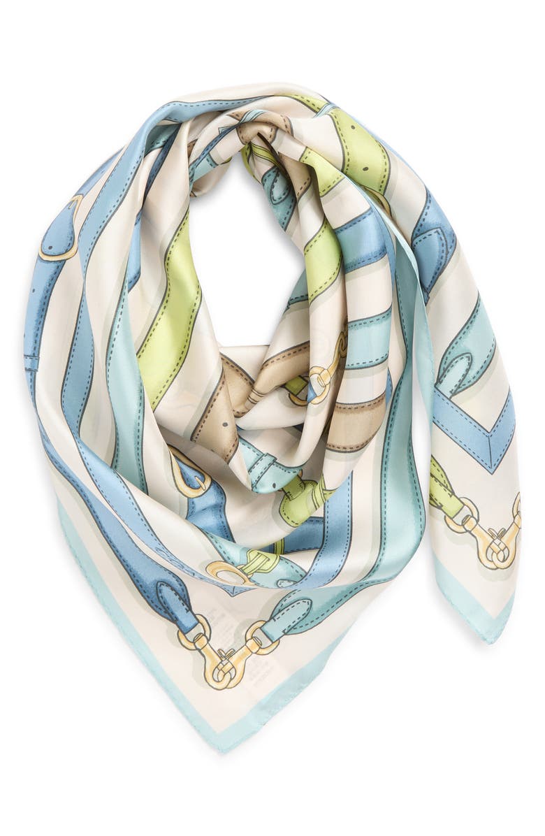 COACH Multi Belt Print Silk Square Scarf, Alternate, color, Bluebell/ Multi