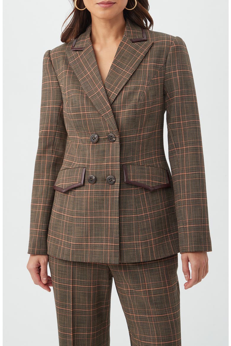 Cassy Plaid Faux Leather Trim Double Breasted Blazer, Main, color, BROWN MULTI