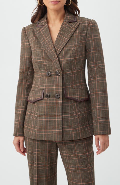 Cassy Plaid Faux Leather Trim Double Breasted Blazer