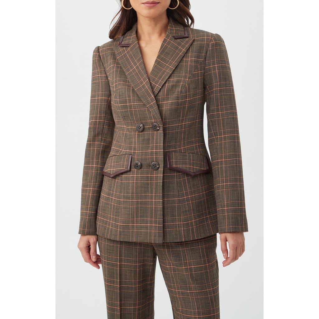 Trina Turk Cassy Plaid Faux Leather Trim Double Breasted Blazer In Multi