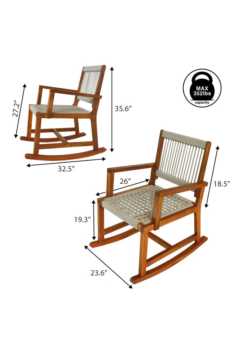 Laguna Coastal Solid Acacia Wood and Woven Rope Indoor/Outdoor Rocking Armchair for Patio, Front Porch, or Living Room, Alternate, color, Beige