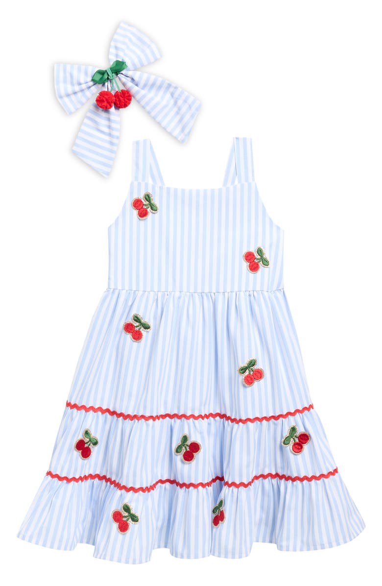 BLUEBERRY Kids' Cherry Stripe Sundress & Bow Set, Main, color, Periwinkle Blue