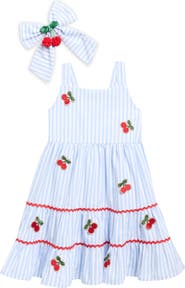 BLUEBERI boulevard Kids' Cherry Stripe Sundress & Bow Set