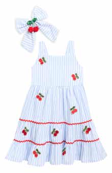 BLUEBERRY Kids' Cherry Stripe Sundress & Bow Set