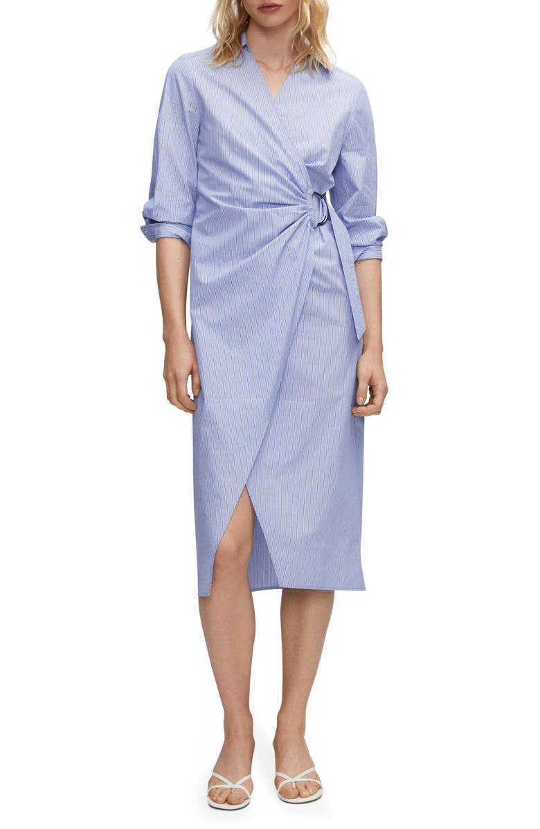 MANGO Stripe Long Sleeve Cotton Wrap Shirtdress, Main, color, 