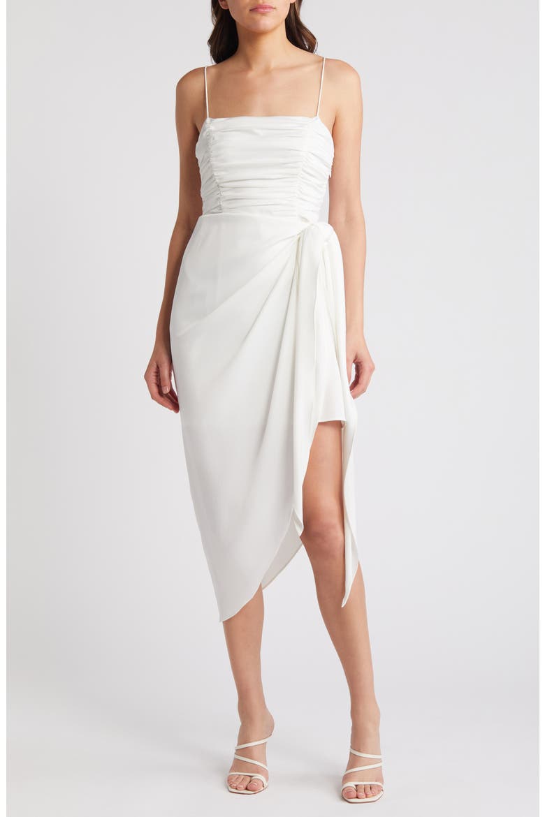 Ruched Bodice Satin Midi Dress, Main, color, IVORY