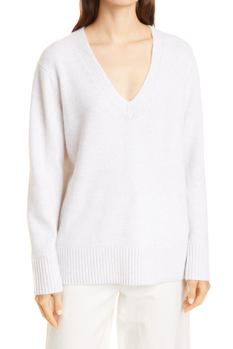 Ribbed V-Neck Cashmere Tunic Sweater, Main, color, HEATHER BEIGE