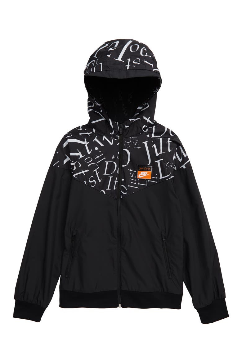 Sportswear Just Do It Water Resistant Hooded Windrunner Jacket, Main, color, BLACK