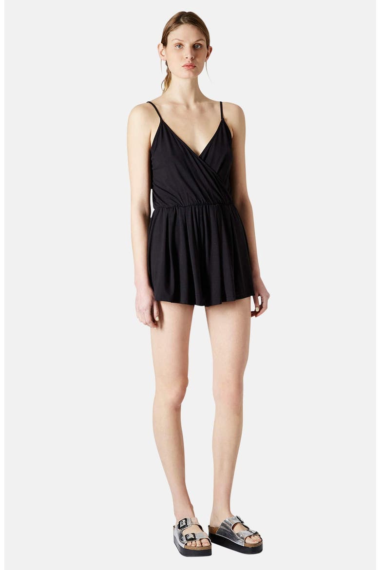 Faux Wrap Jersey Romper, Main, color, BLACK