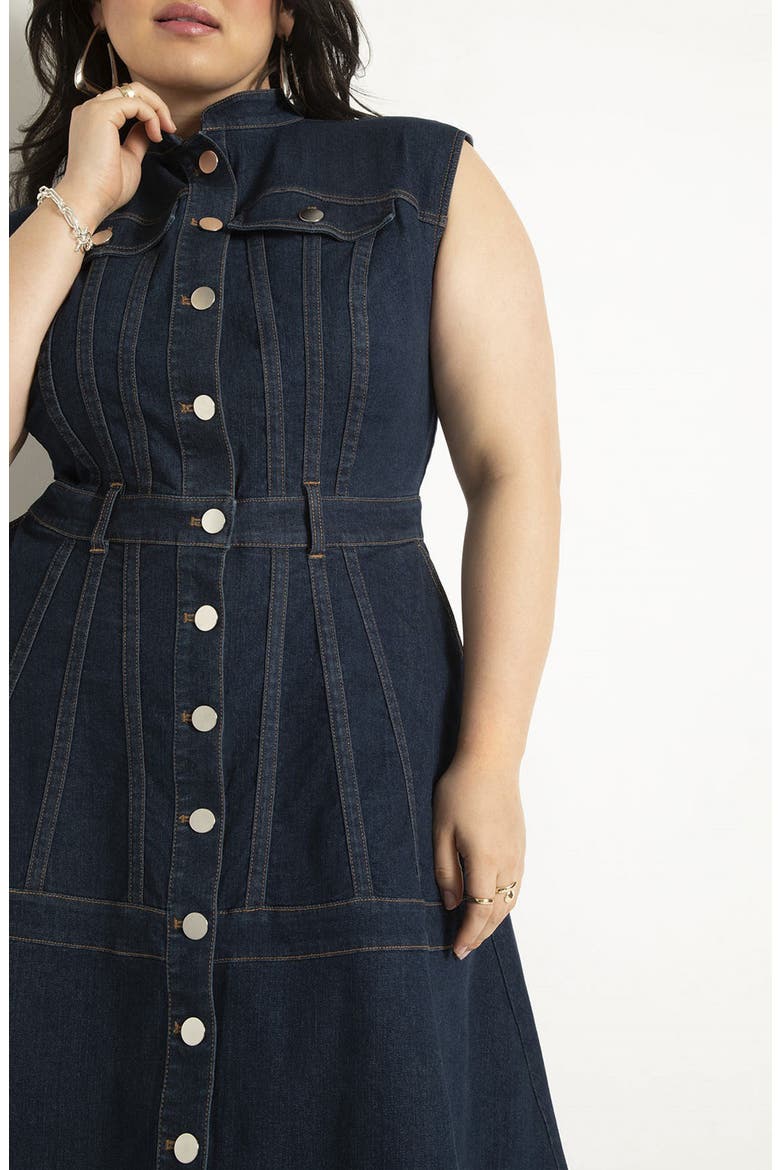 Denim Fit & Flare Midi Dress, Alternate, color, DARK WASH