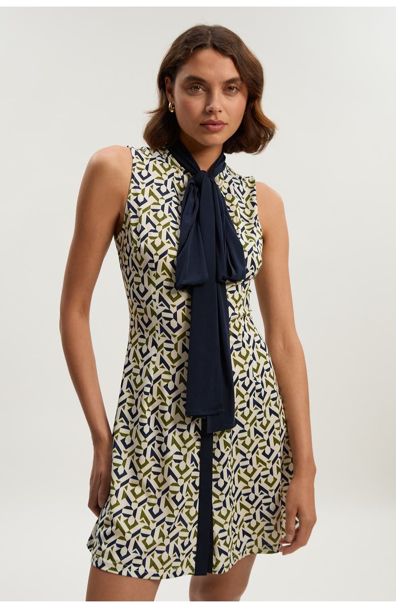 Karen Millen Petite Crepe Tie Neck Mini Dress, Main, color, Mono