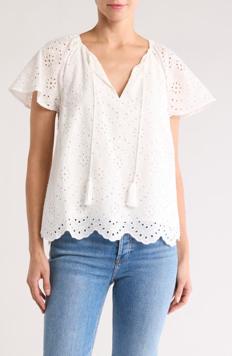 Most Wanted: Eyelet Flutter Sleeve Tie Top in White