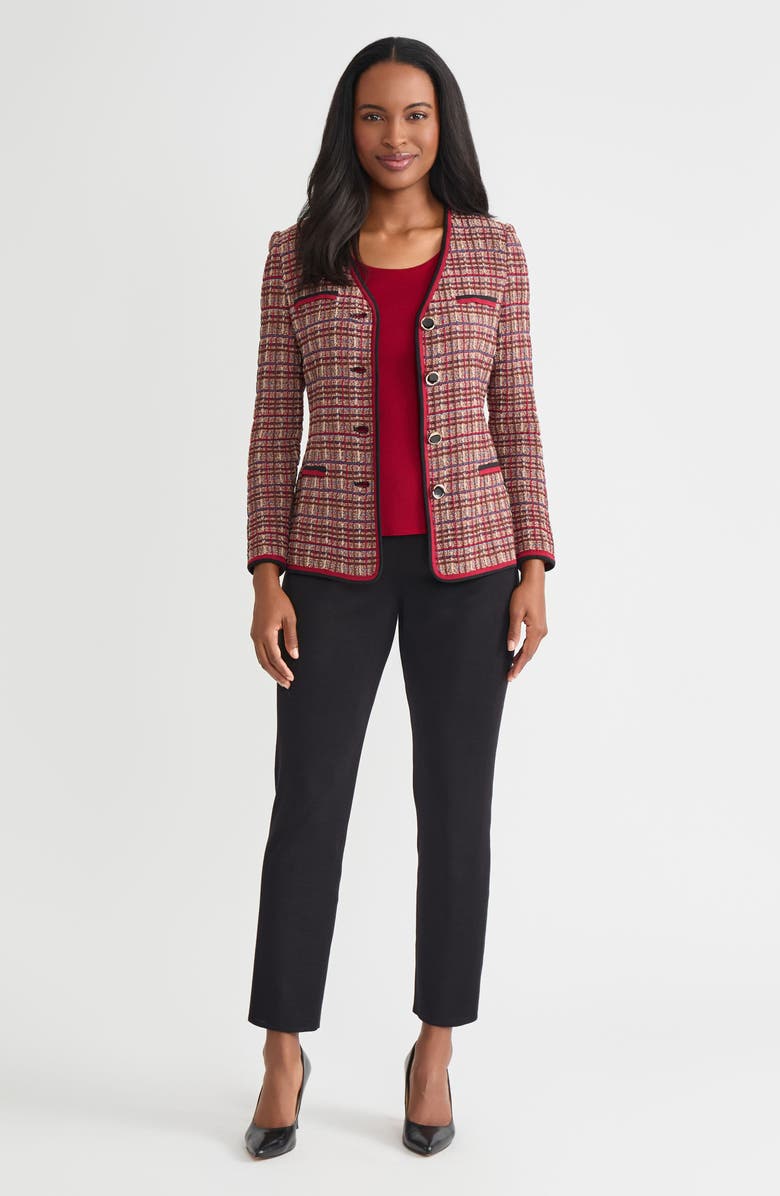 Misook Tailored Plaid Multi-Stitch Knit Jacket, Alternate, color, Scarlet Red/Truffle