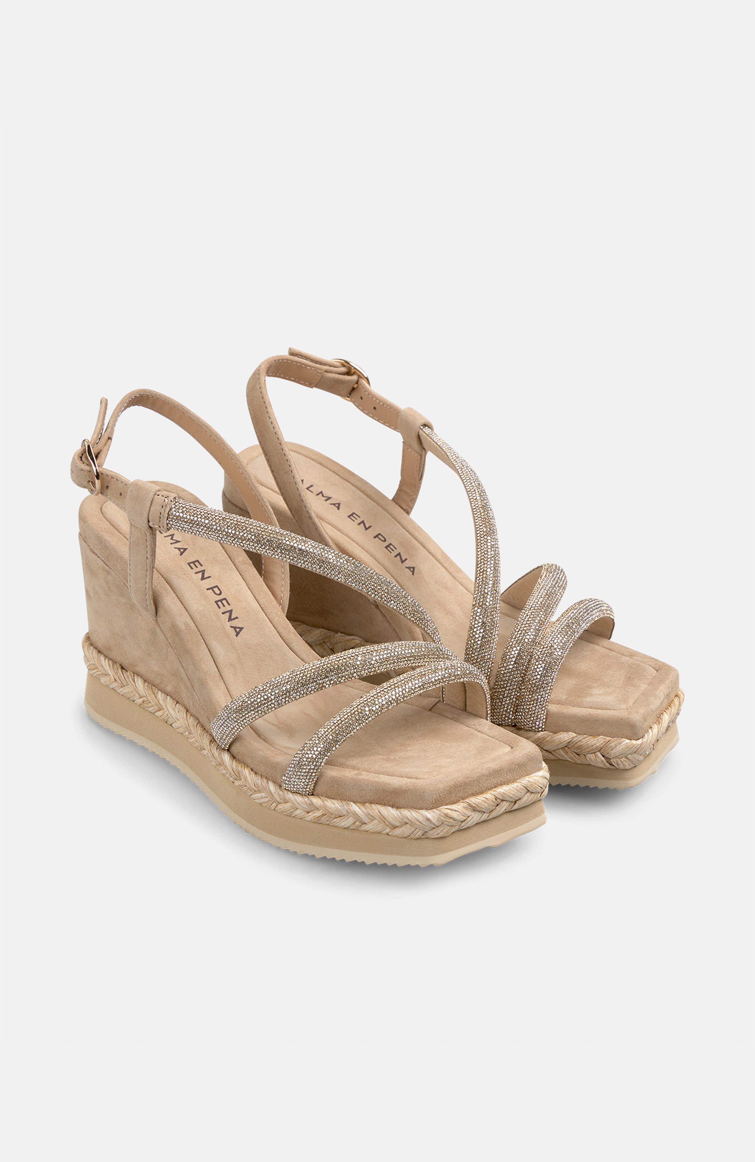 Braided Wedge With Rhinestones, Alternate, color, Beige