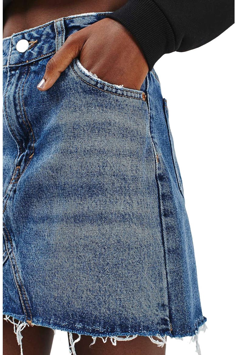 Topship Denim A-Line Miniskirt, Alternate, color, MID DENIM