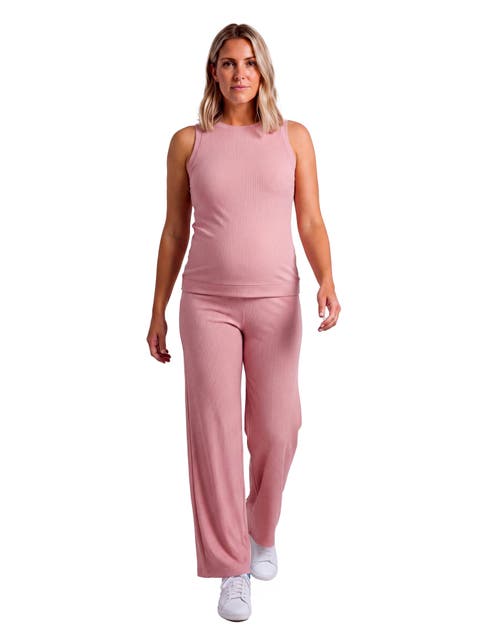 Maternity Basic Ribbed Knit Tank Top and Elastic Waist Wide Leg Pant Set