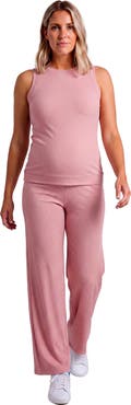 24seven Comfort Apparel Maternity Basic Ribbed Knit Tank Top and Elastic Waist Wide Leg Pant Set