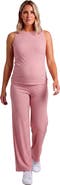 24seven Comfort Apparel Maternity Basic Ribbed Knit Tank Top and Elastic Waist Wide Leg Pant Set