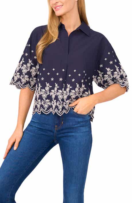 CeCe Floral Embroidery Woven Cotton Shirt