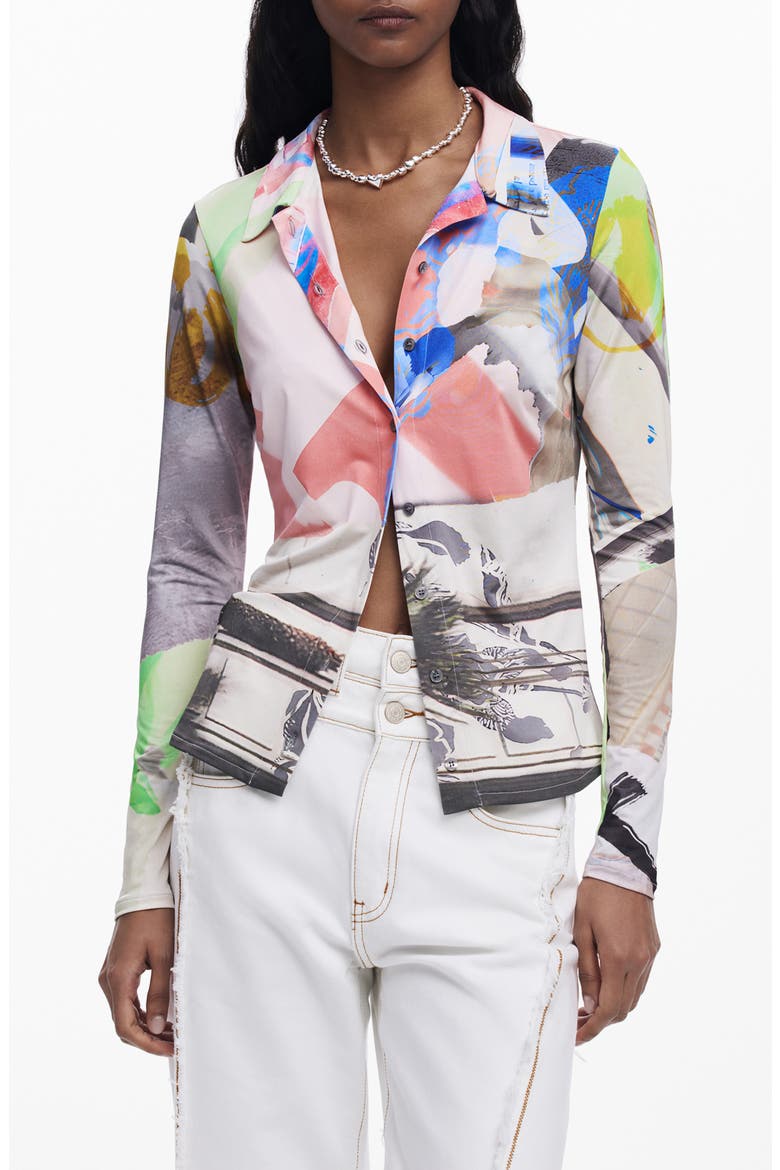 Abstract Print Button-Up Shirt, Main, color, WHITE MULTI
