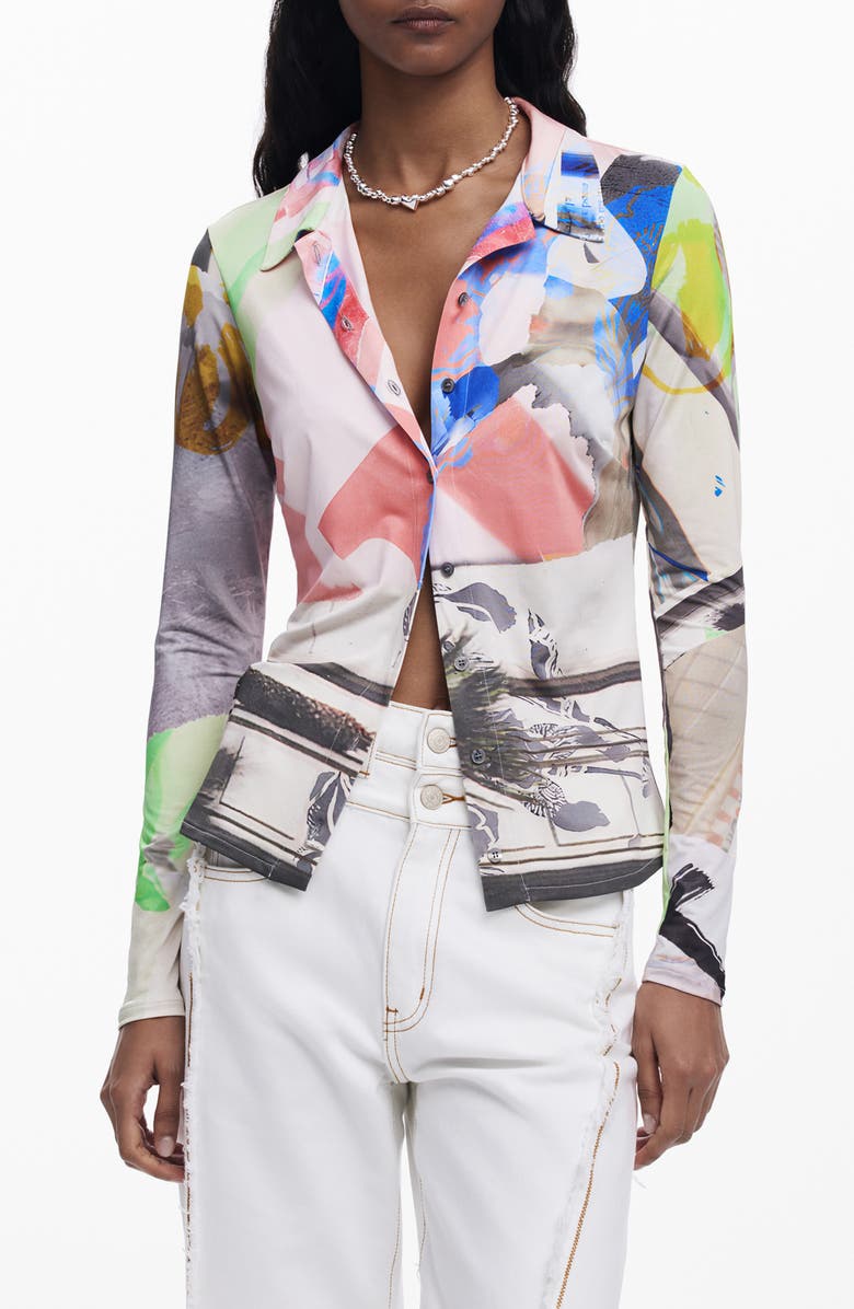 Desigual Abstract Print Button-Up Shirt, Main, color, White Multi