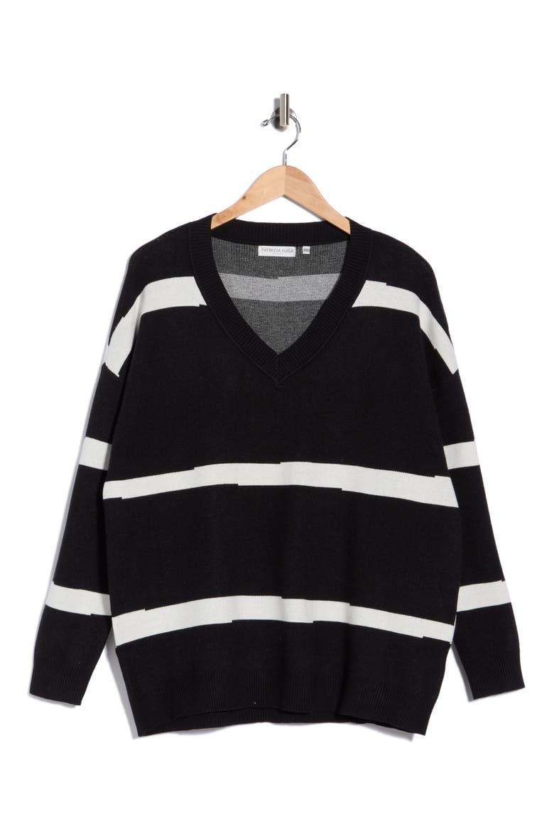 Striped V-Neck Sweater, Alternate, color, BLACK